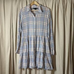 Veronica Beard Jeans Blue Plaid Tiered Shirt Dress Medium Western Cottage Fall
